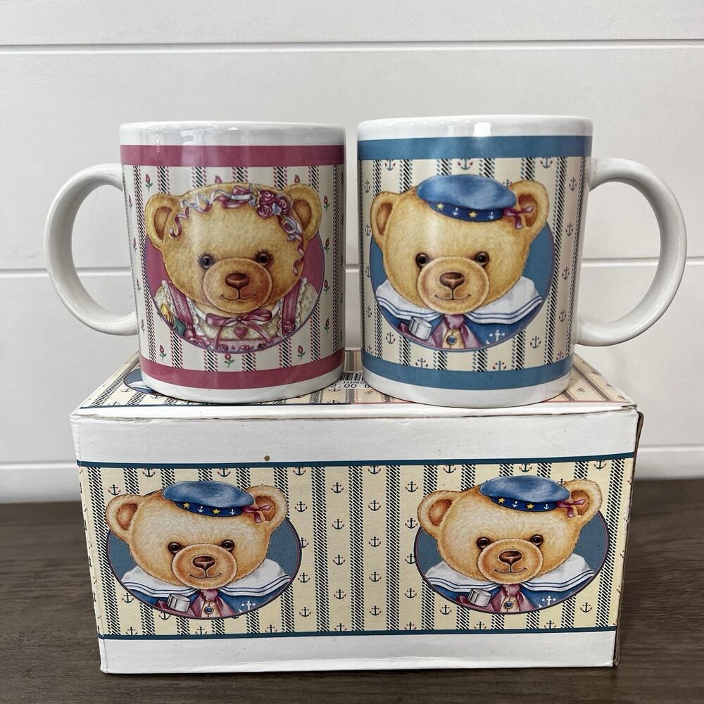 Darlington Farms Vintage 1993 Boy & Girl Teddy Bear Coffee Mugs New